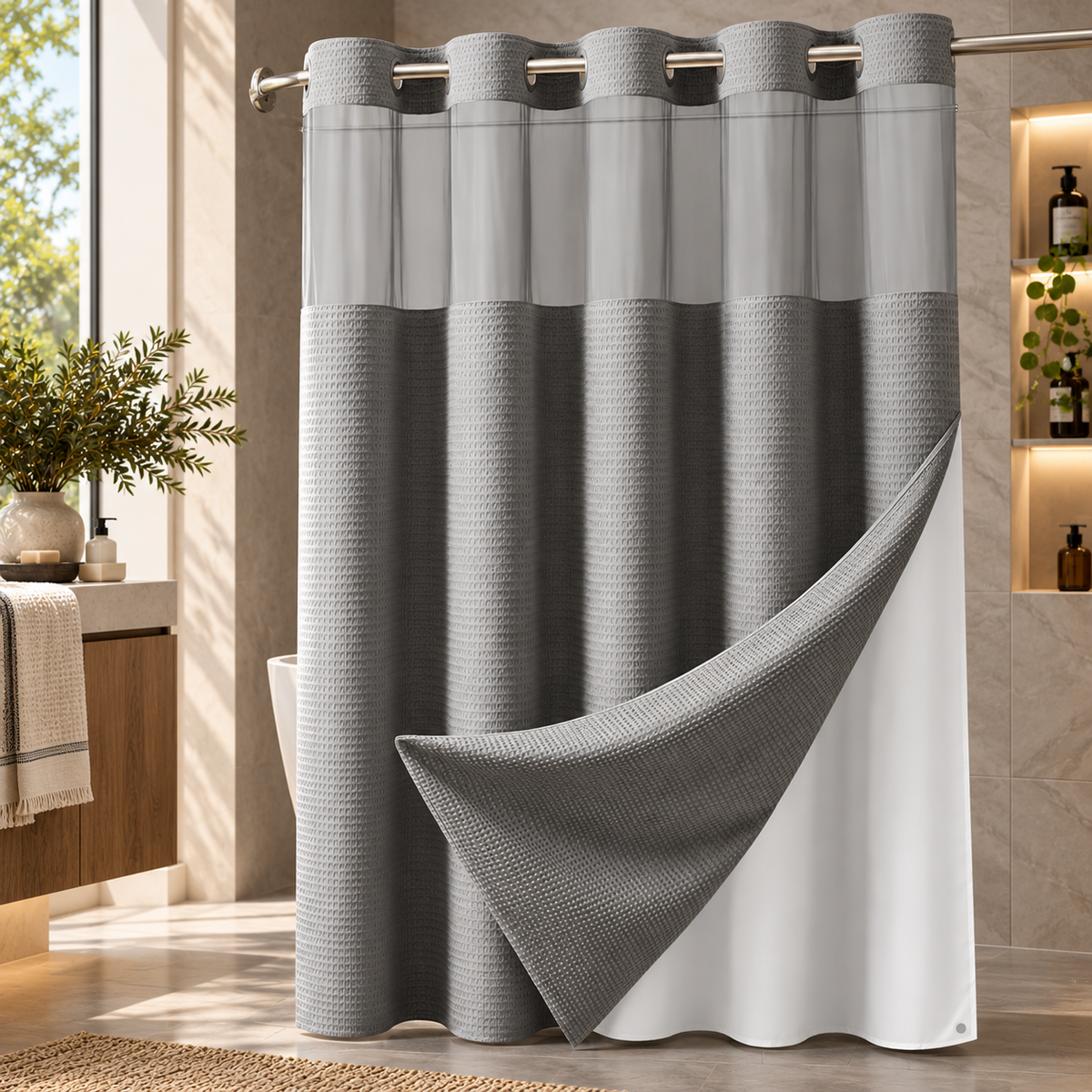Heavyweight Ringless Waffle Shower Curtain with Liner