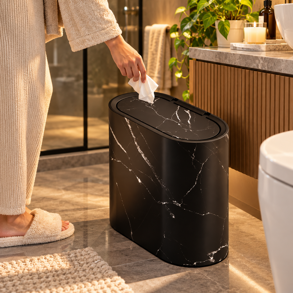 Marble Pattern Trash Can | Modern Bathroom & Kitchen Bin with Lid