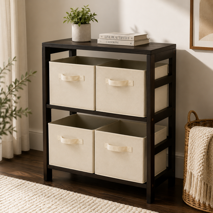 Wood Capri 5-Pc Storage Set, 2-Section Bookcase & 4 Foldable Beige Fabric Baskets, Espresso Finish