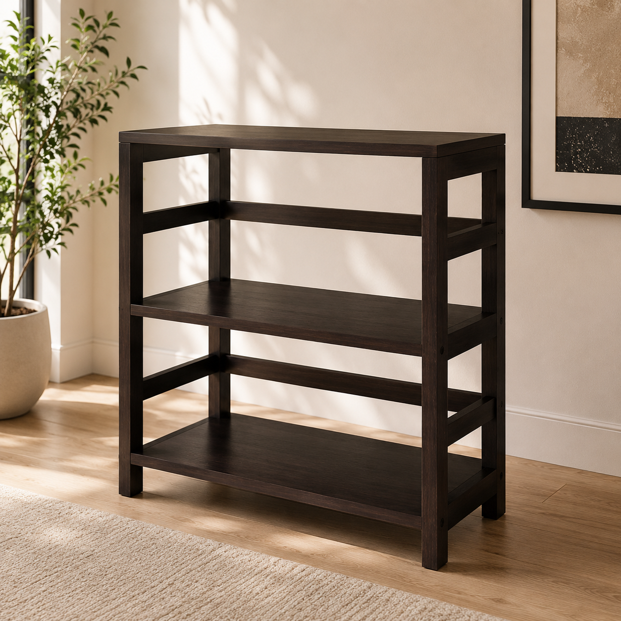 Wood Capri 5-Pc Storage Set, 2-Section Bookcase & 4 Foldable Beige Fabric Baskets, Espresso Finish