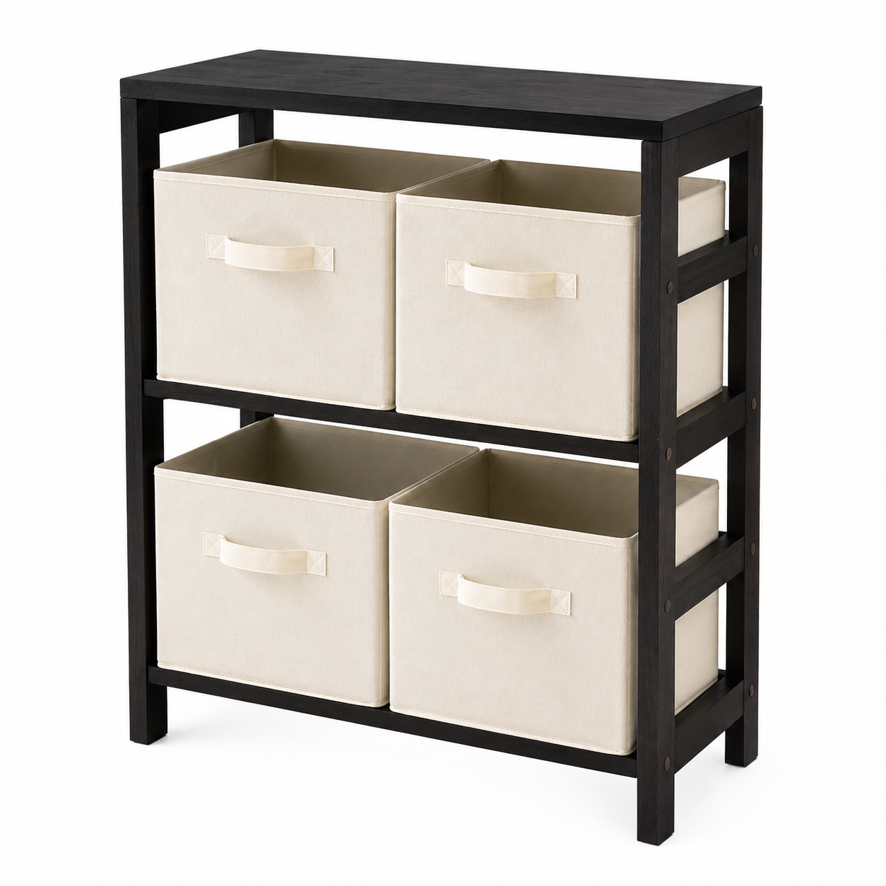 Wood Capri 5-Pc Storage Set, 2-Section Bookcase & 4 Foldable Beige Fabric Baskets, Espresso Finish