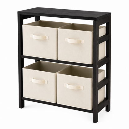 Wood Capri 5-Pc Storage Set, 2-Section Bookcase & 4 Foldable Beige Fabric Baskets, Espresso Finish