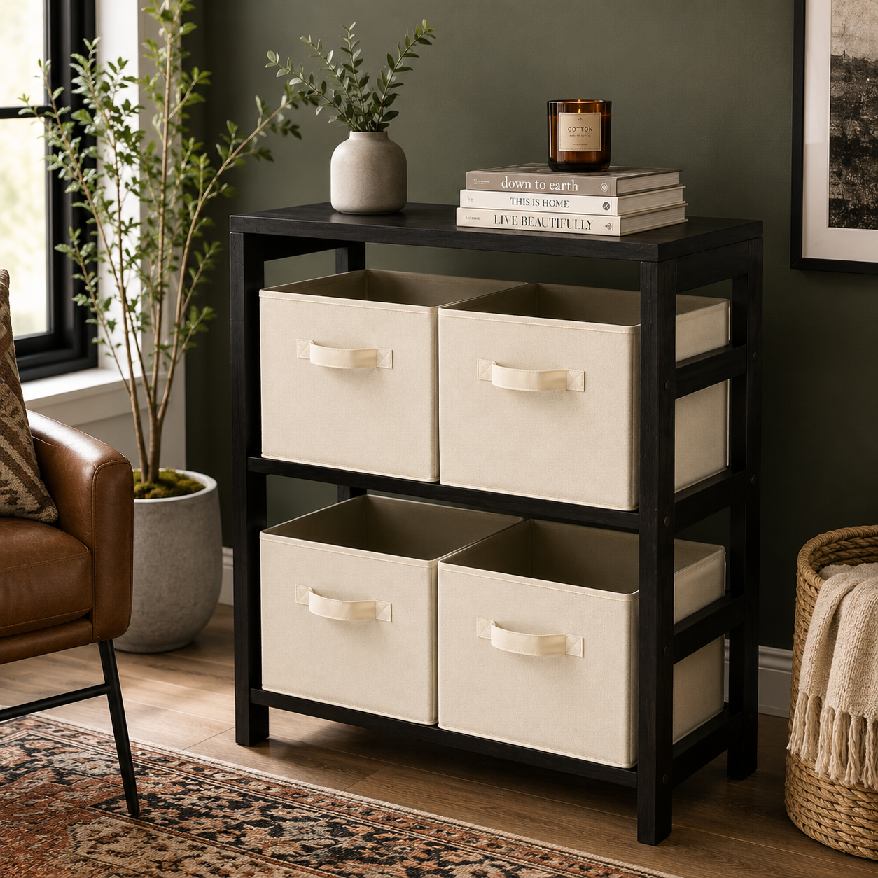 Wood Capri 5-Pc Storage Set, 2-Section Bookcase & 4 Foldable Beige Fabric Baskets, Espresso Finish