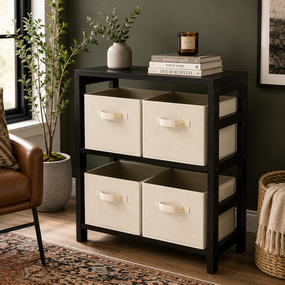 Wood Capri 5-Pc Storage Set, 2-Section Bookcase & 4 Foldable Beige Fabric Baskets, Espresso Finish