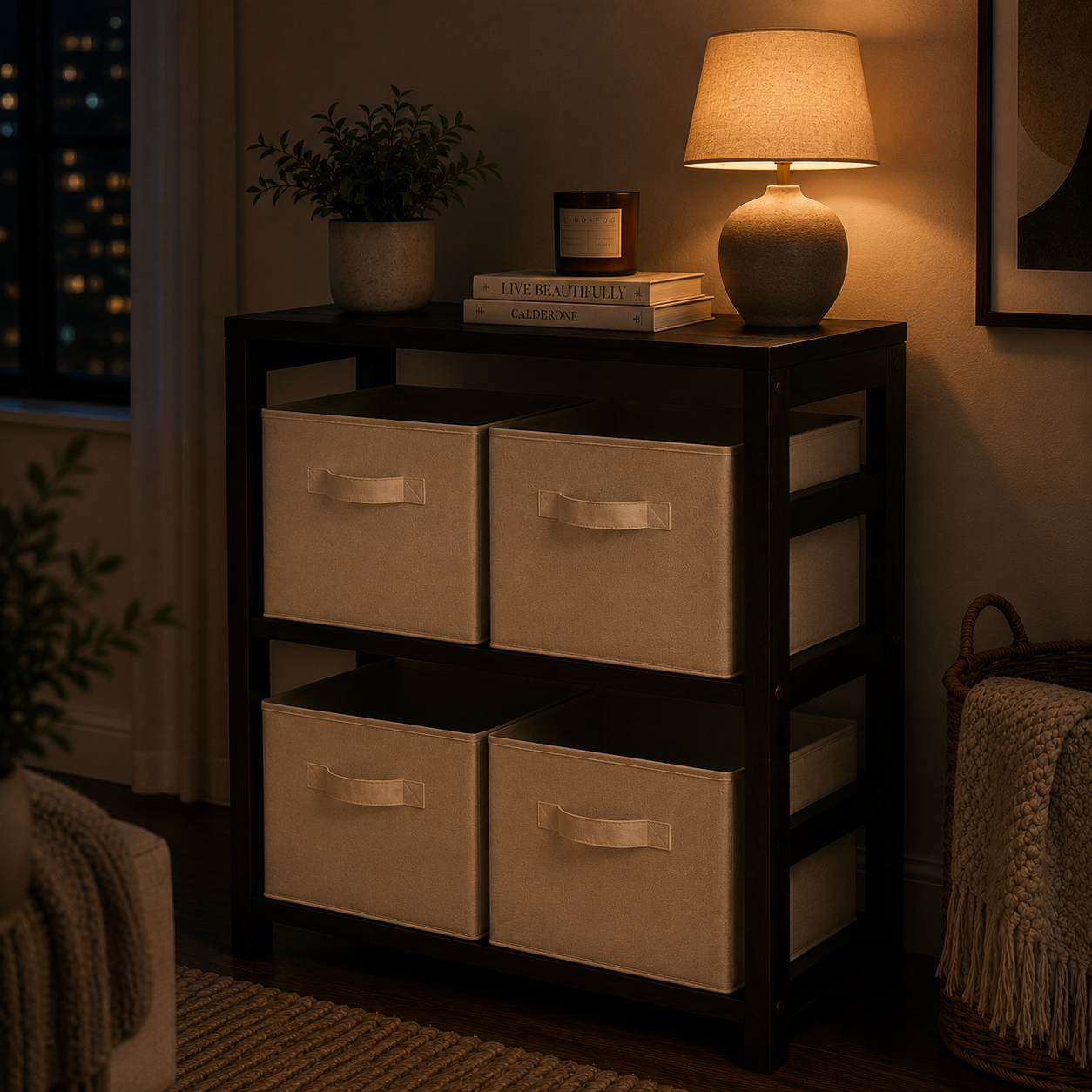 Wood Capri 5-Pc Storage Set, 2-Section Bookcase & 4 Foldable Beige Fabric Baskets, Espresso Finish