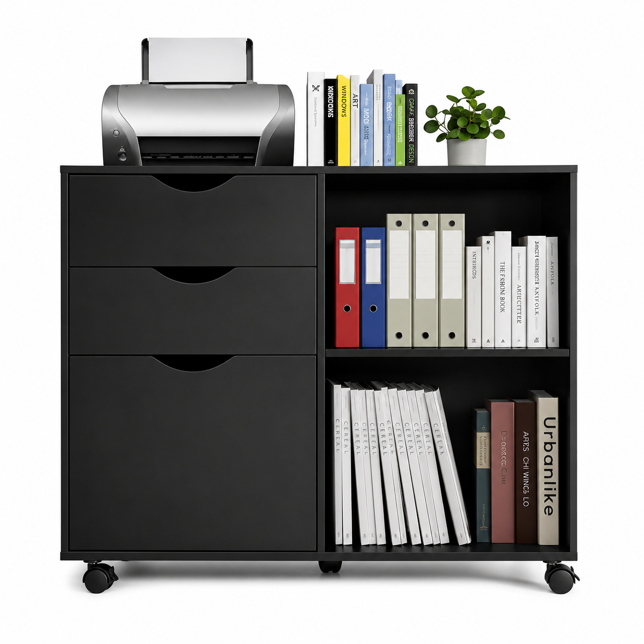 3-Drawer with Shelf Wood File Cabinet Mobile With Rolling Wheel