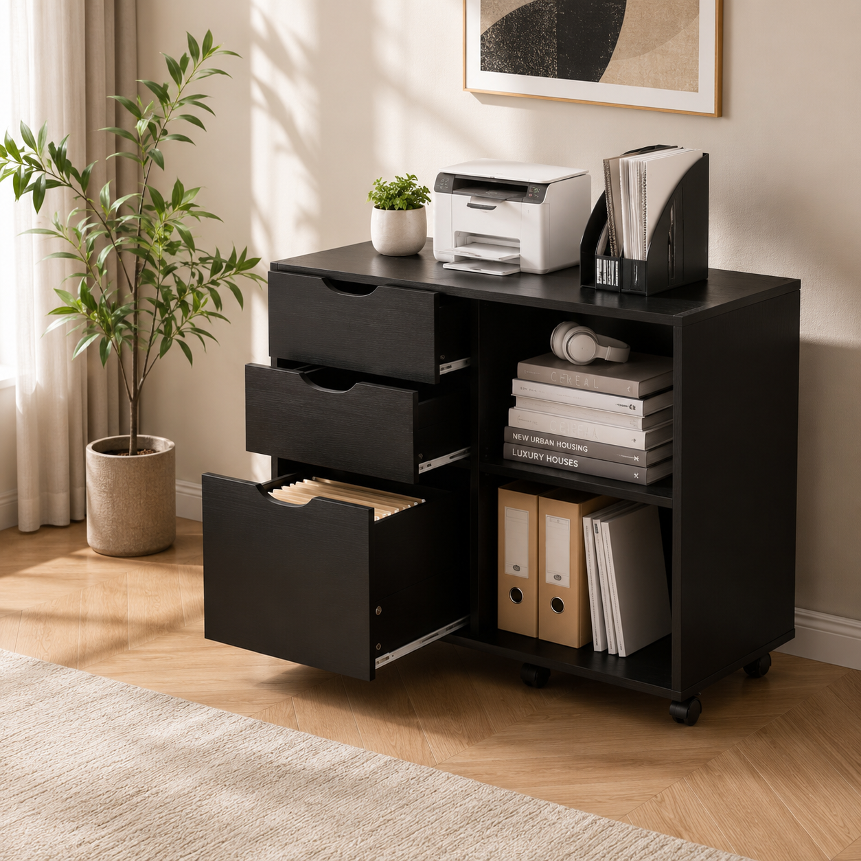 3-Drawer with Shelf Wood File Cabinet Mobile With Rolling Wheel