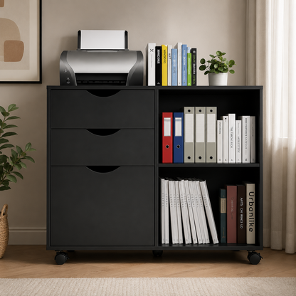 3-Drawer with Shelf Wood File Cabinet Mobile With Rolling Wheel