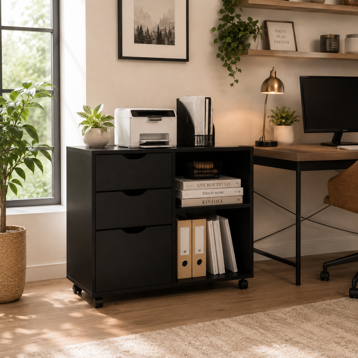 3-Drawer with Shelf Wood File Cabinet Mobile With Rolling Wheel