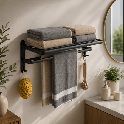 Linea Matte Black Aluminum Towel Rack with Shelf & Hooks