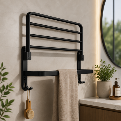 Linea Matte Black Aluminum Towel Rack with Shelf & Hooks