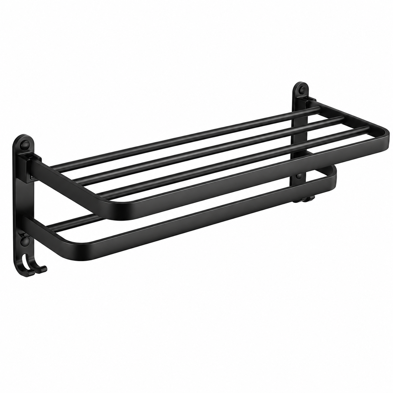 Linea Matte Black Aluminum Towel Rack with Shelf & Hooks