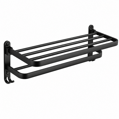 Linea Matte Black Aluminum Towel Rack with Shelf & Hooks