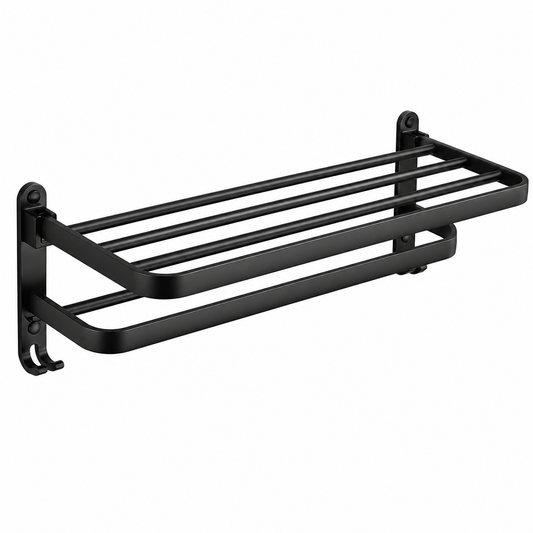 Linea Matte Black Aluminum Towel Rack with Shelf & Hooks