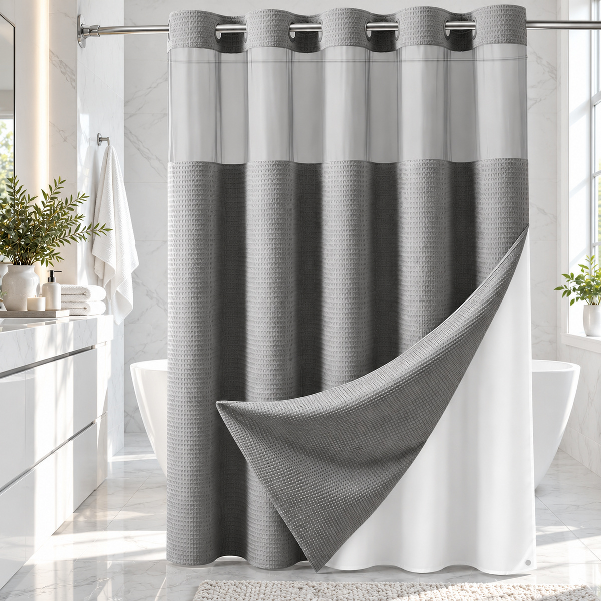 Heavyweight Ringless Waffle Shower Curtain with Liner