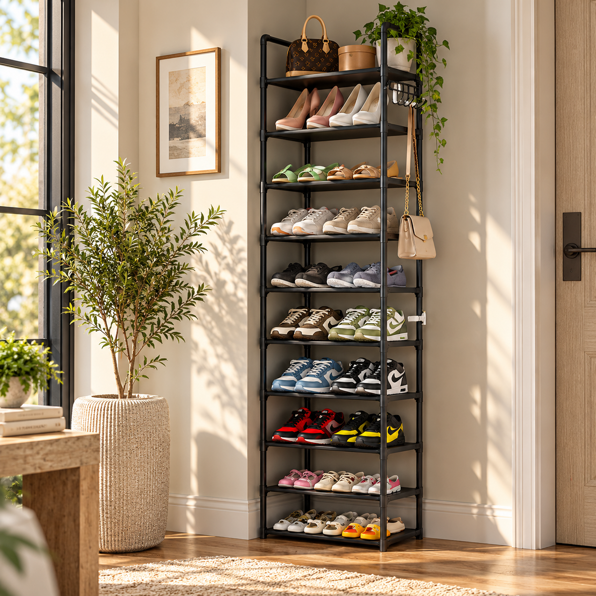 10 Tier Metal Shoes Rack Stackable Shoes Shelf with Hooks