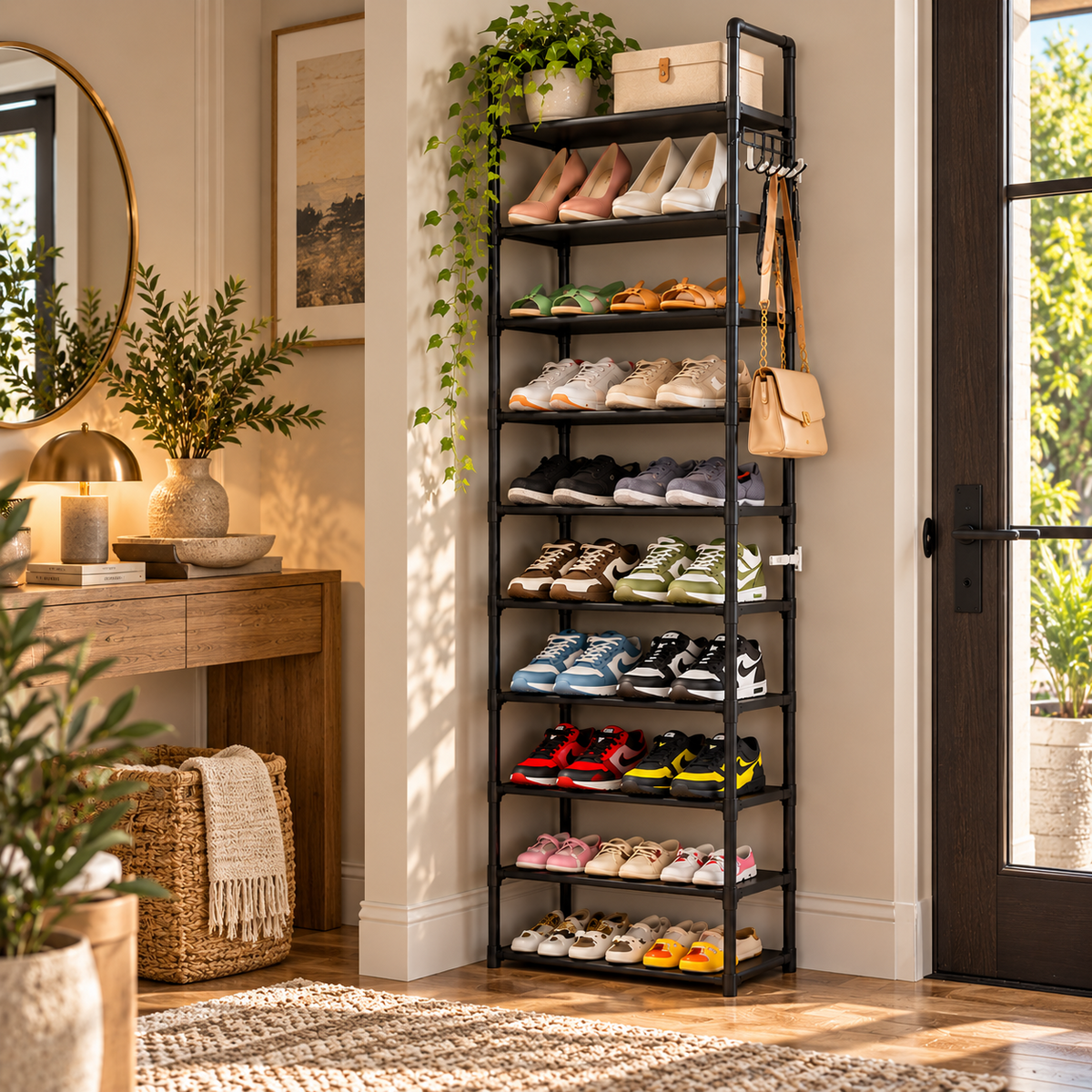 10 Tier Metal Shoes Rack Stackable Shoes Shelf with Hooks