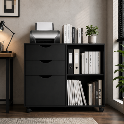 3-Drawer with Shelf Wood File Cabinet Mobile With Rolling Wheel