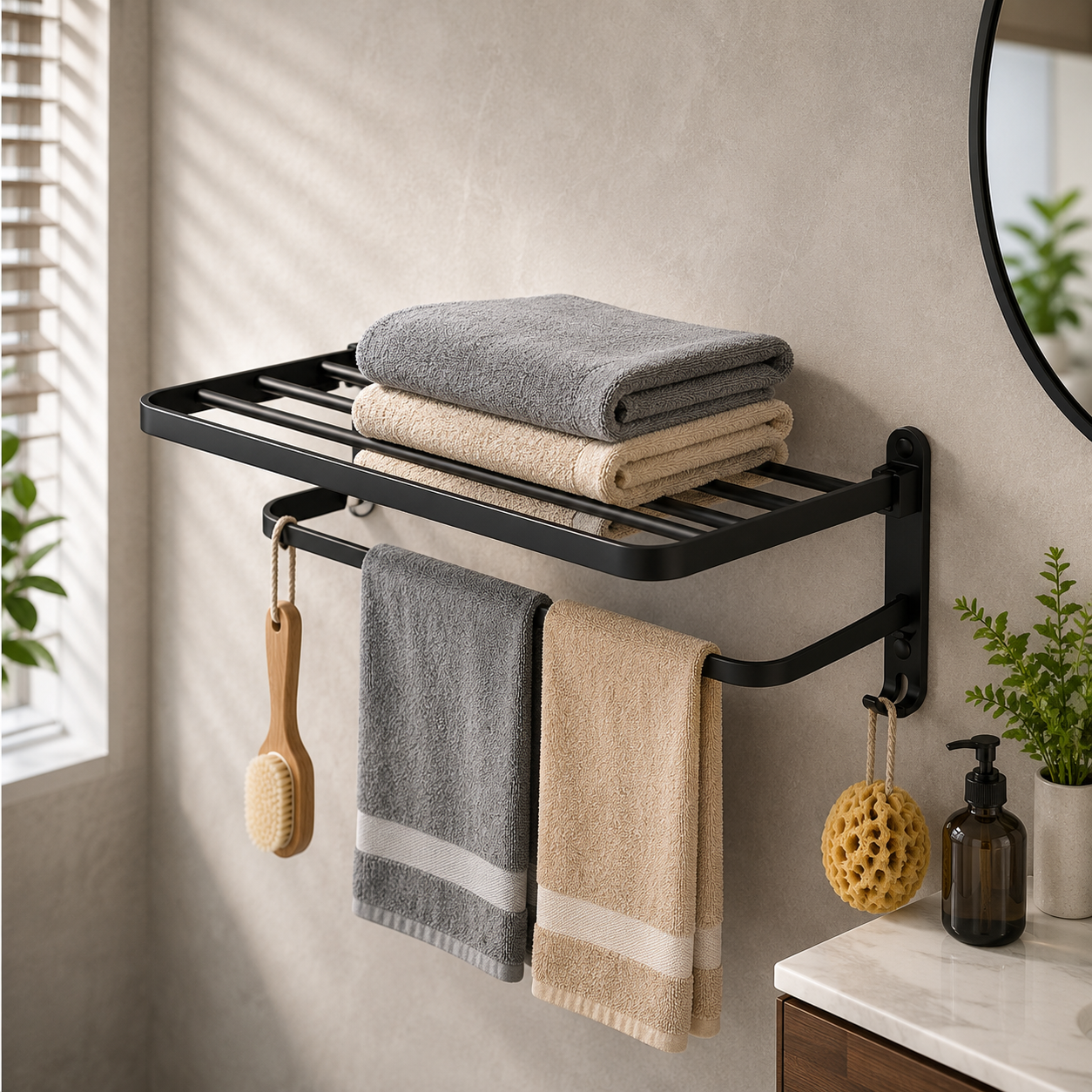 Linea Matte Black Aluminum Towel Rack with Shelf & Hooks