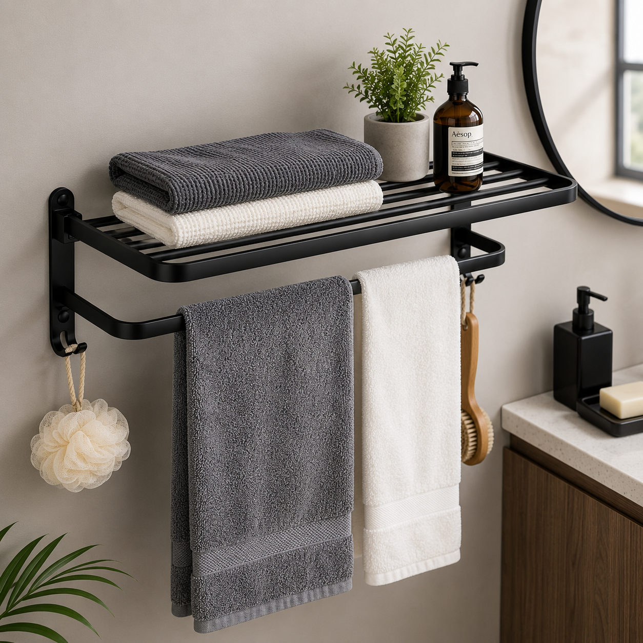 Linea Matte Black Aluminum Towel Rack with Shelf & Hooks
