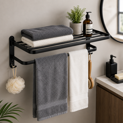 Linea Matte Black Aluminum Towel Rack with Shelf & Hooks