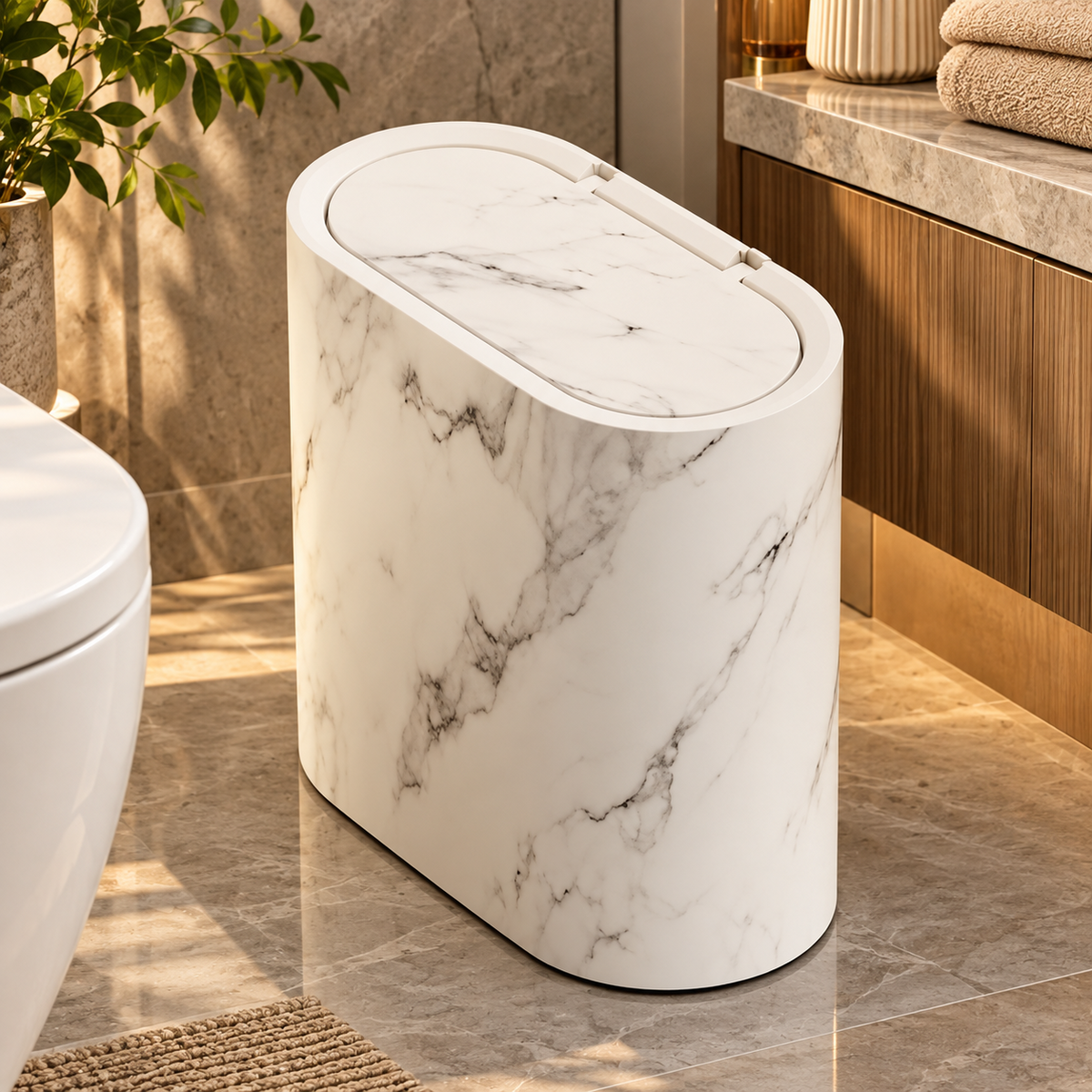 Marble Pattern Trash Can | Modern Bathroom & Kitchen Bin with Lid