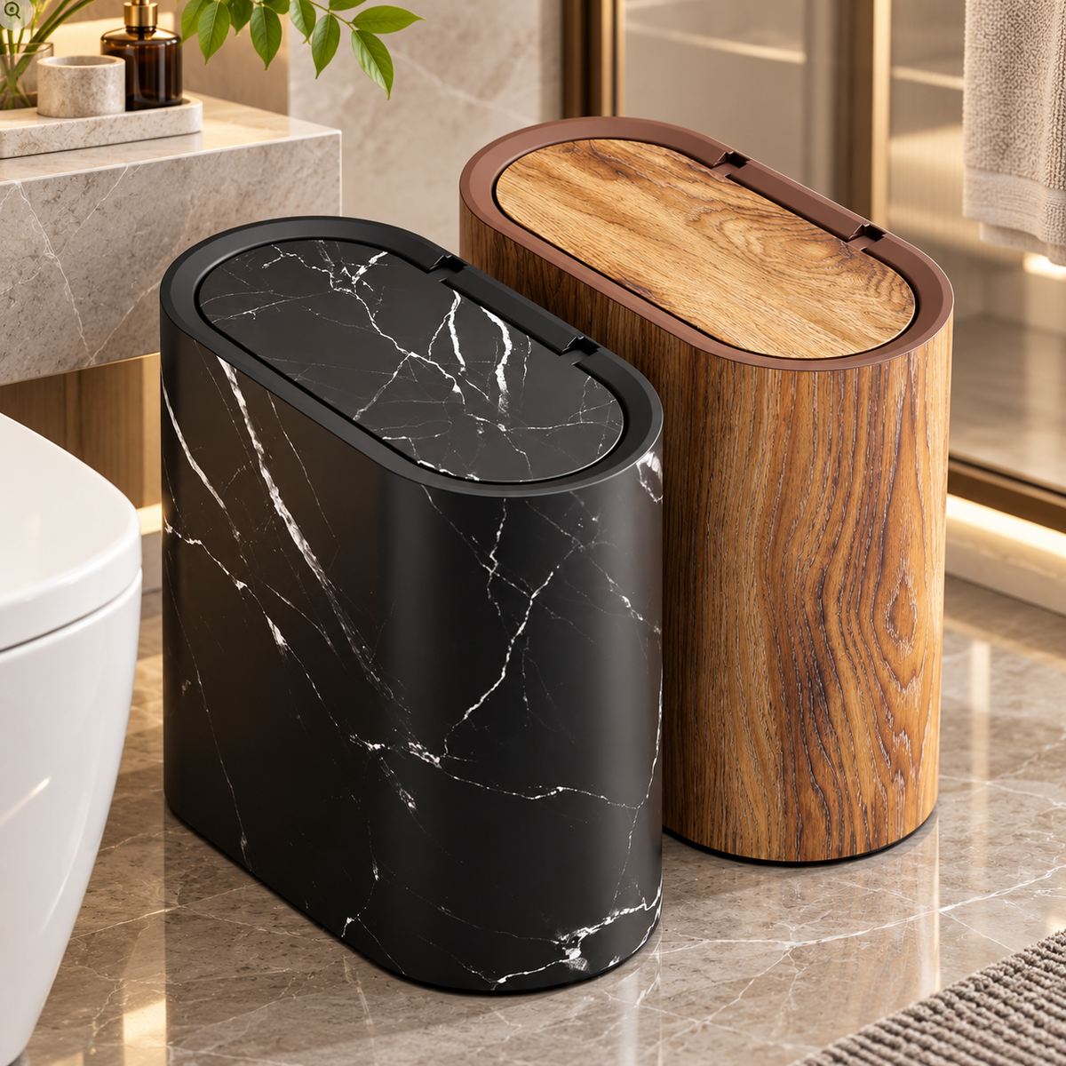 Marble Pattern Trash Can | Modern Bathroom & Kitchen Bin with Lid