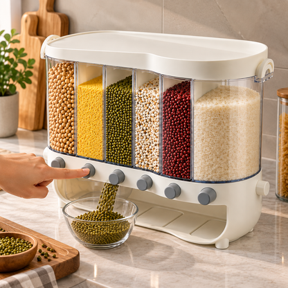 Multi-Compartment Kitchen Grain Storage Container | Airtight Pantry Organiser with Flip-Top Lid