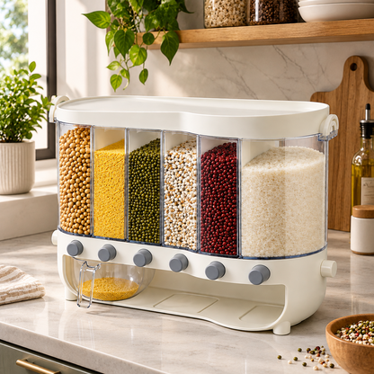 Multi-Compartment Kitchen Grain Storage Container | Airtight Pantry Organiser with Flip-Top Lid