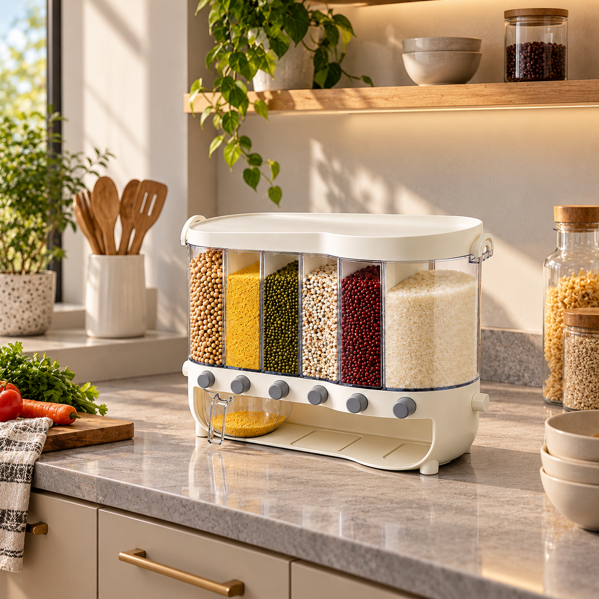 Multi-Compartment Kitchen Grain Storage Container | Airtight Pantry Organiser with Flip-Top Lid