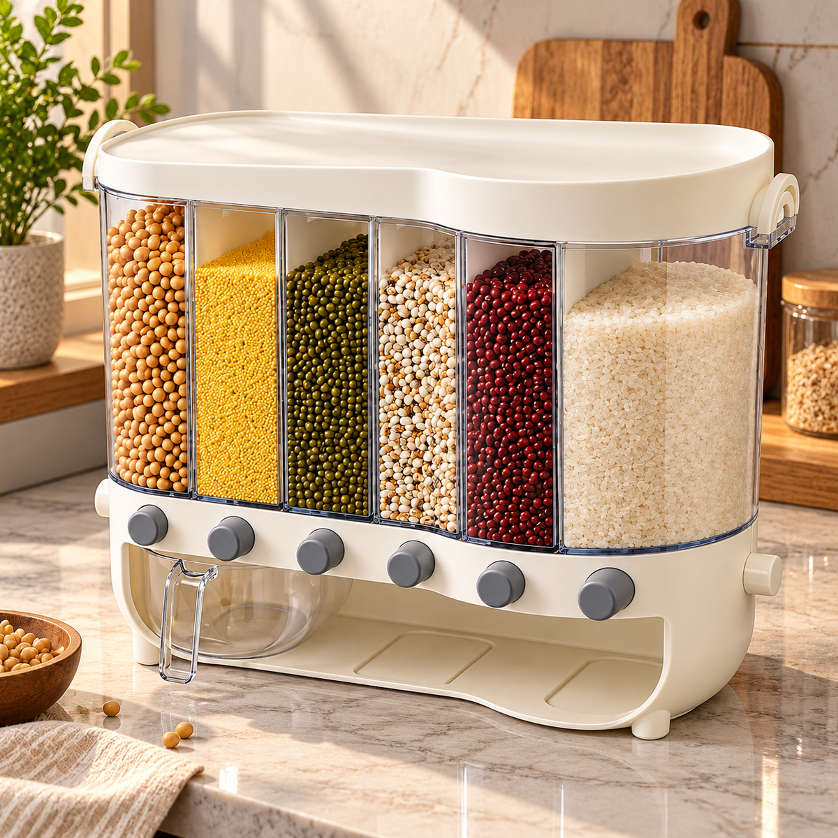 Multi-Compartment Kitchen Grain Storage Container | Airtight Pantry Organiser with Flip-Top Lid