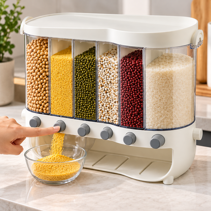 Multi-Compartment Kitchen Grain Storage Container | Airtight Pantry Organiser with Flip-Top Lid