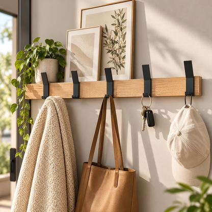 Nordic Wall-Mounted Coat Rack | Adjustable Dual Hooks in Black & Wood Finish