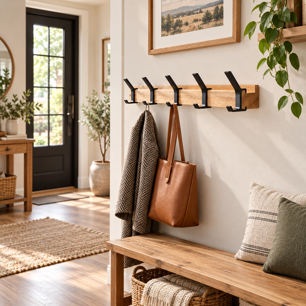 Nordic Wall-Mounted Coat Rack | Adjustable Dual Hooks in Black & Wood Finish