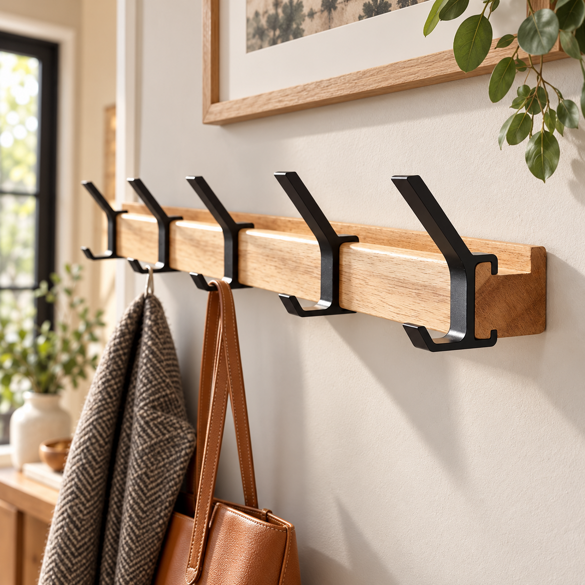 Nordic Wall-Mounted Coat Rack | Adjustable Dual Hooks in Black & Wood Finish