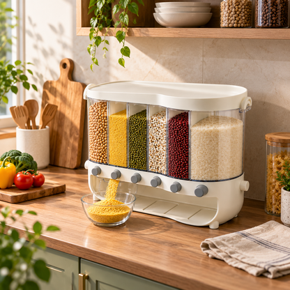 Multi-Compartment Kitchen Grain Storage Container | Airtight Pantry Organiser with Flip-Top Lid