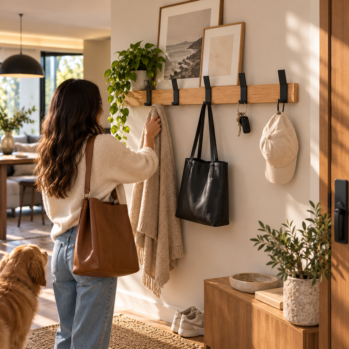Nordic Wall-Mounted Coat Rack | Adjustable Dual Hooks in Black & Wood Finish